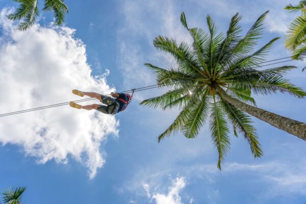 man on zipline with palm trees